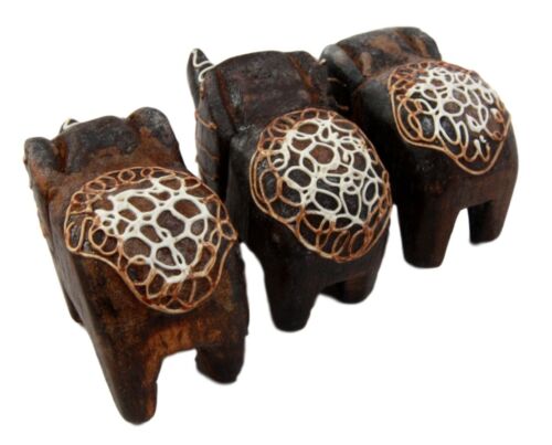 Balinese Wood Handicrafts Tail To Tail Elephant Miniature Figurines Set 2.75"L