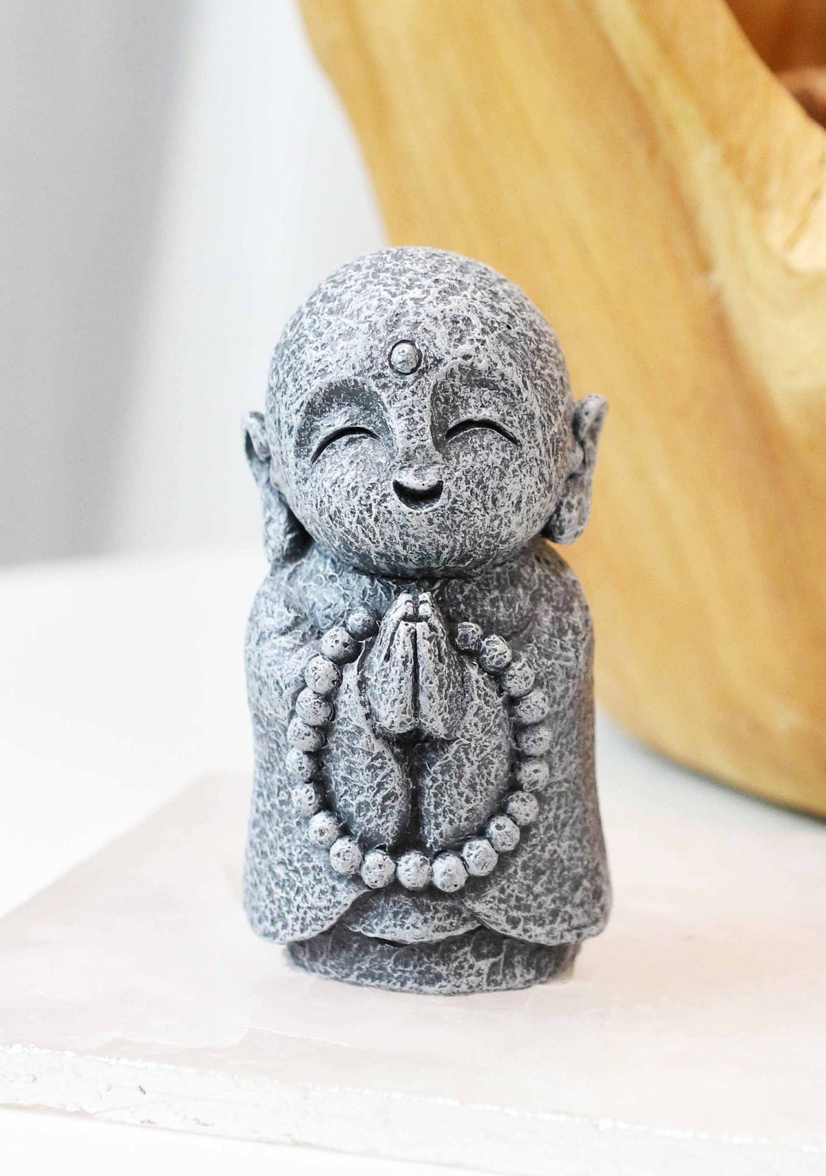 Feng Shui Zen Blissful Japanese Jizo Monk With Prayer Beads Mini Figurine 3"Tall