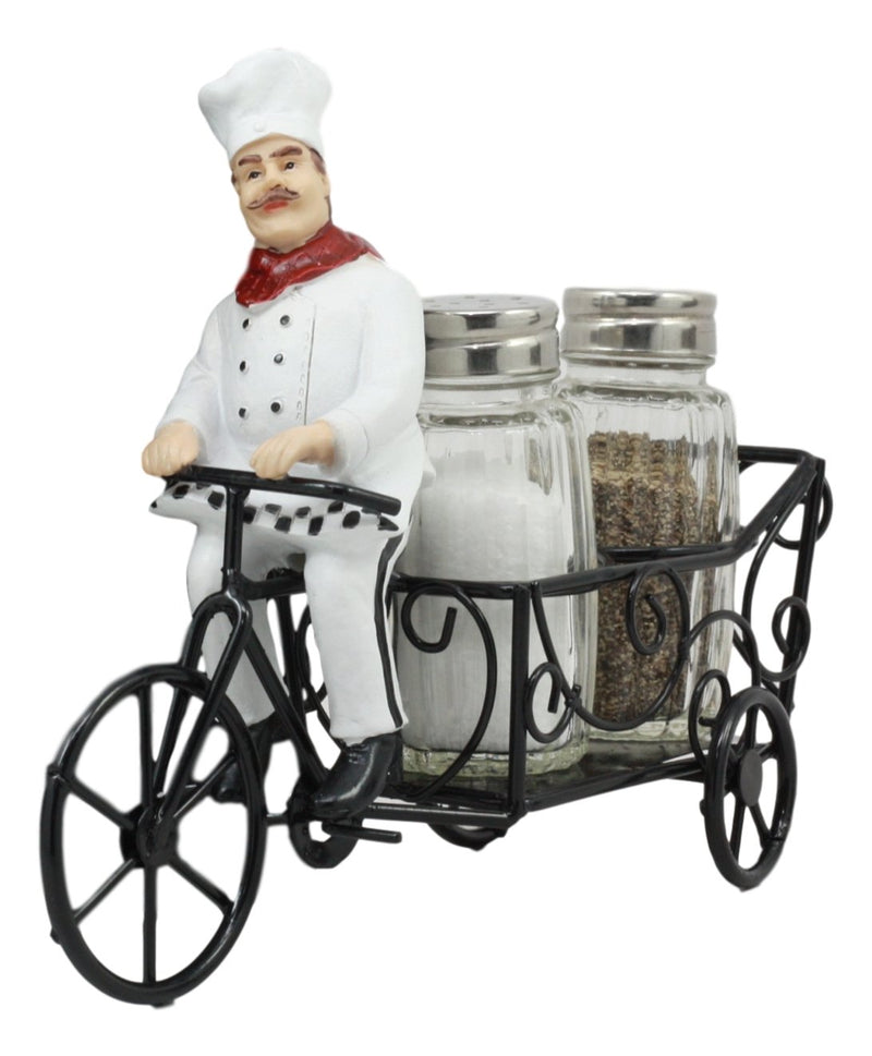 Ebros French Bistro Chef Riding On Bicycle Spice Cart Salt And Pepper Shakers Holder Figurine 6"Tall Iron Chef Spice Delivery