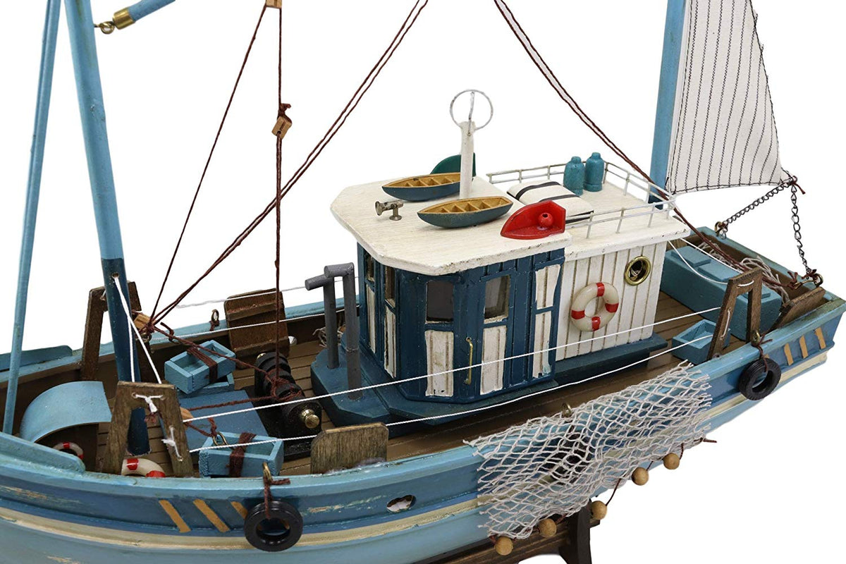 Ebros 17" Long Fishing Vessel Boat Model Statue with Wood Base Stand - Ebros Gift