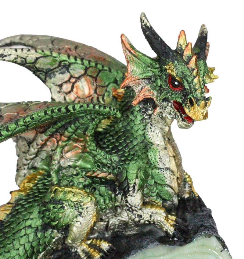 Metallic Green Iridescent Dragon On Faux Geode Rock Quartz Crystal Cove Figurine