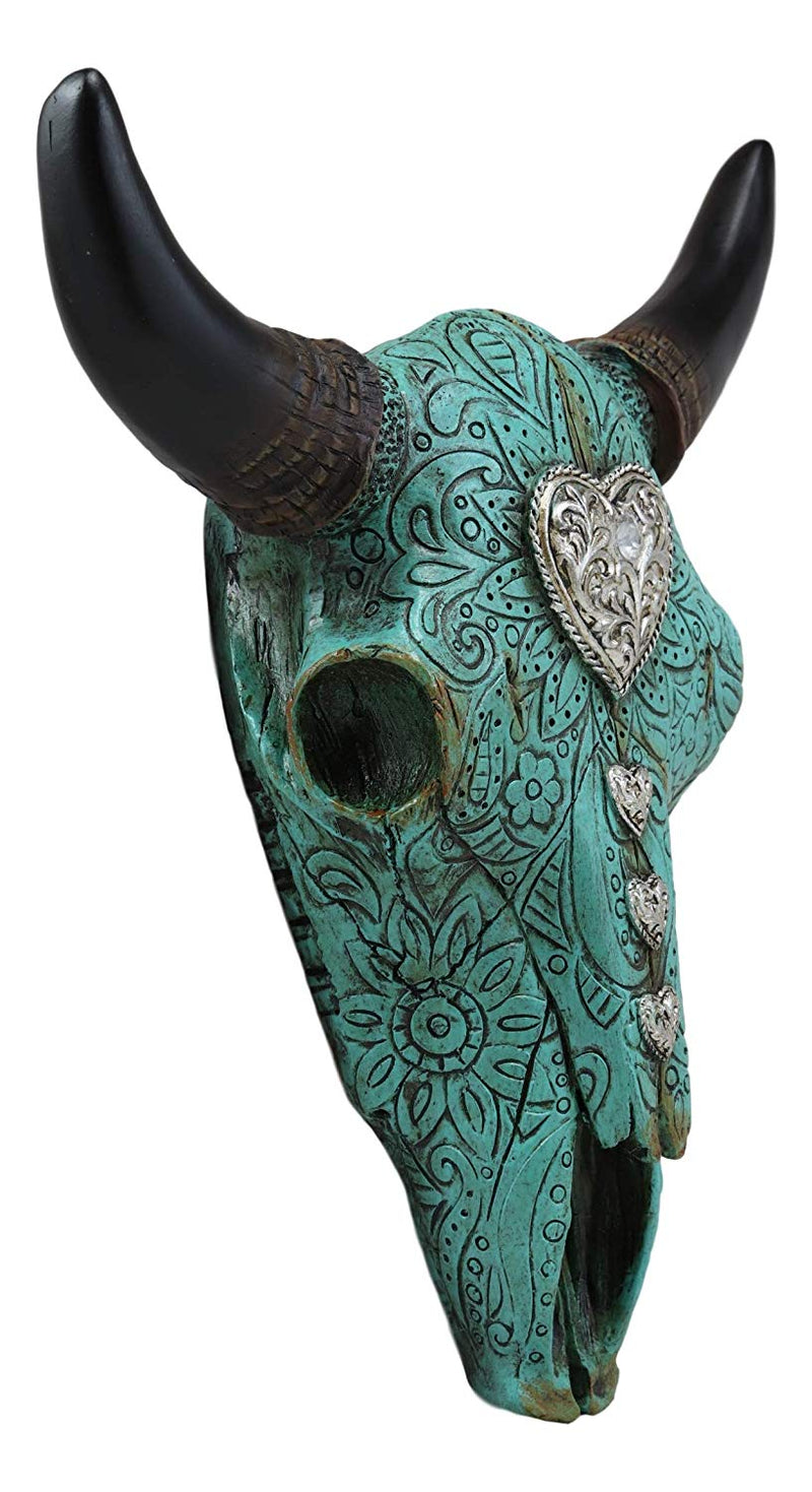 Ebros 10" Wide Western Southwest Steer Bison Buffalo Bull Cow Horned Skull Head Turquoise Silver Heart with Scroll Lace Design Wall Mount Decor - Ebros Gift