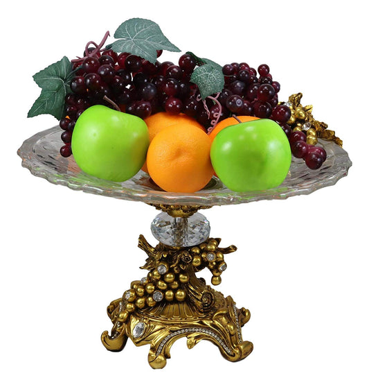 Ebros Gift Vintage Antique Baroque Design Large Crystal Glass Round Dish 16"Wide Dessert Platter Stand With Electroplated Gold Fruits And Grapes Themed Base Sculpture And Austrian Crystals Centerpiece - Ebros Gift