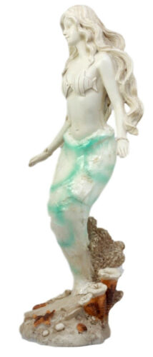 Ebros Capiz Turquoise Standing Mermaid Figurine 11.5"H Ocean Aquamarine Coral Goddess