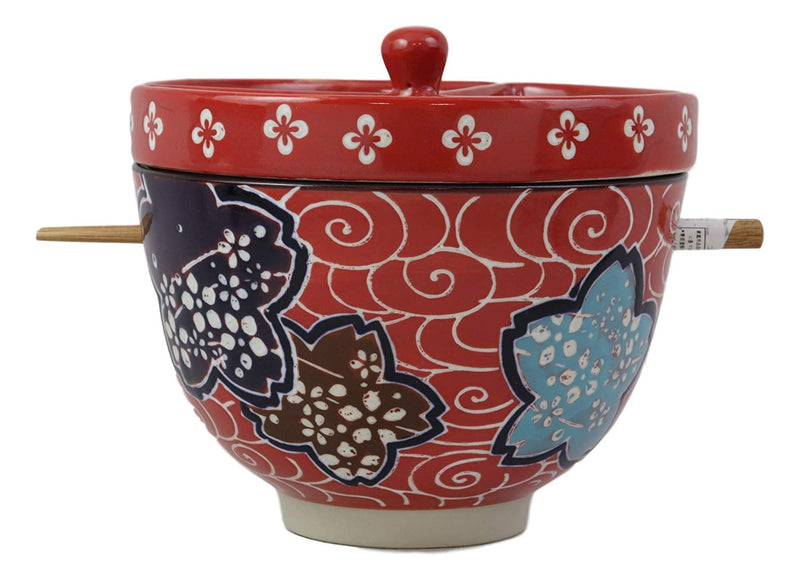 Ebros Japanese Dining Tempura Udon Noodles And Tentsuyu Dipping Sauce Large 6"D Bowl With Condiment Divider Lid And Built In Chopsticks Rest With Bamboo Chopsticks Set (Red Floral Breeze)