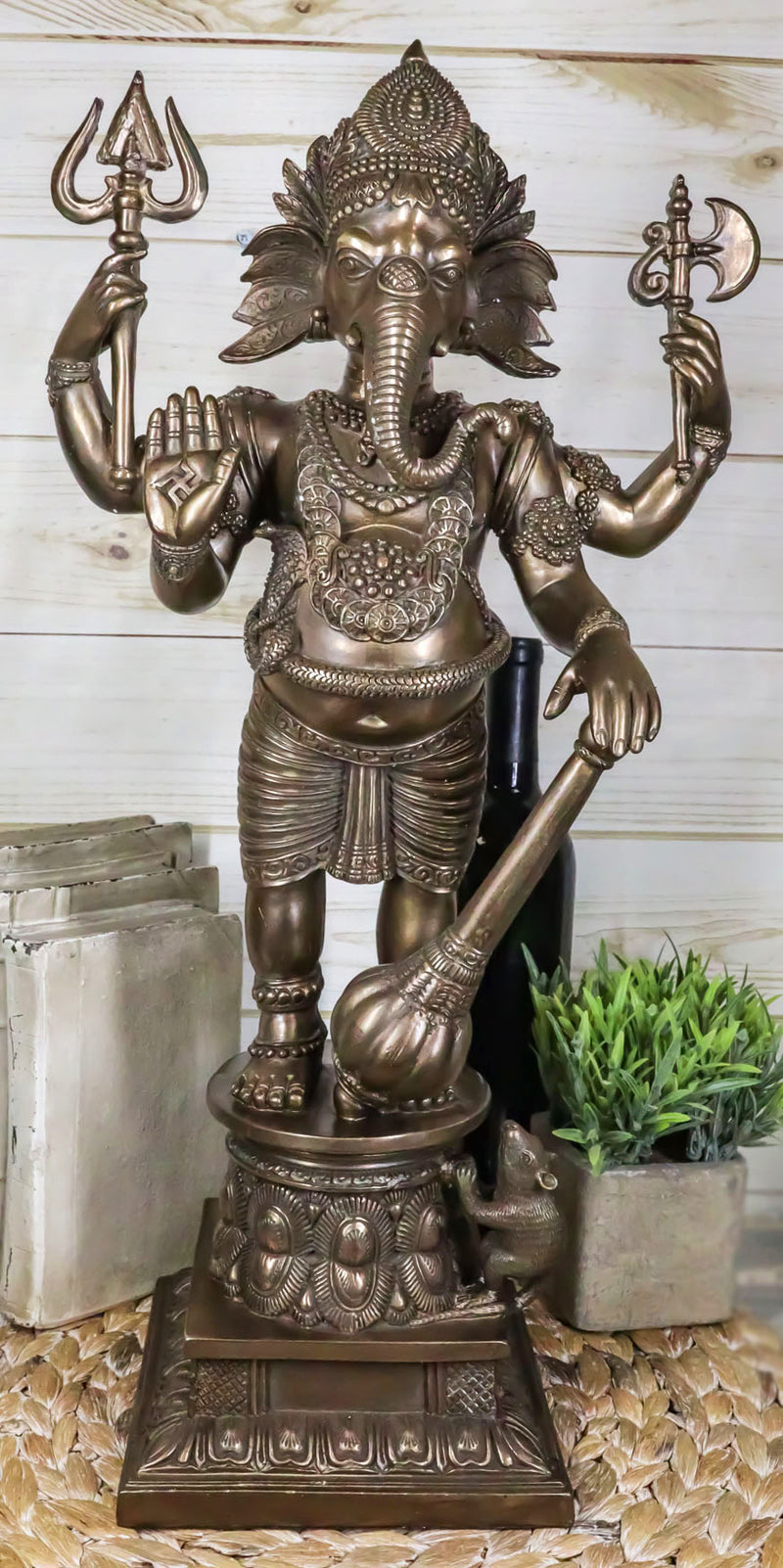 Large 21" Tall Ganesha With Dhoti in War Armor On Pillar With Rat Statue Bronzed