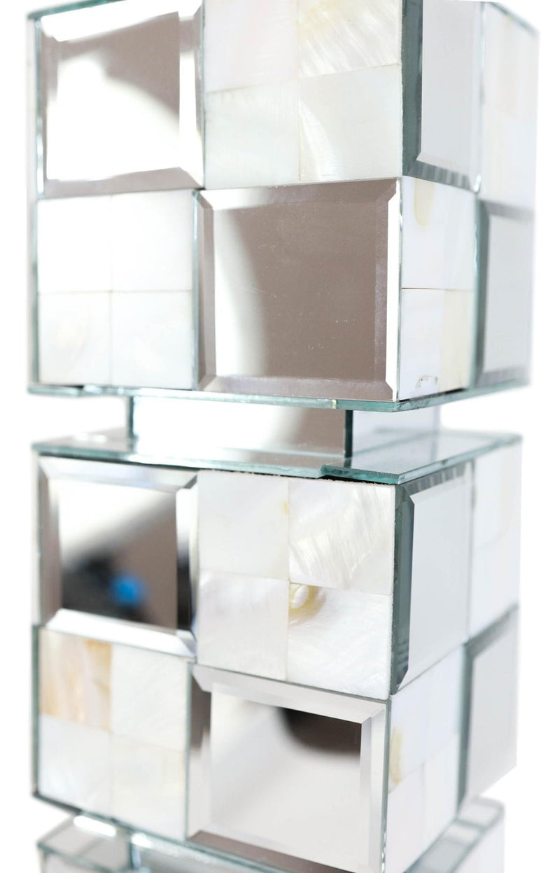 Modern Beveled Mirrors Capiz Shells Checkered Pillar Candle Holder Decor 18"