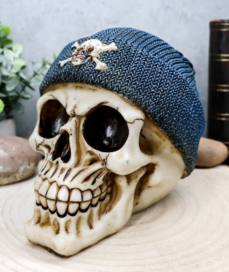 Ebros Gangster Thug Skull With Blue Crossbones Beanie Hat Figurine 6"L Skeleton Skulls