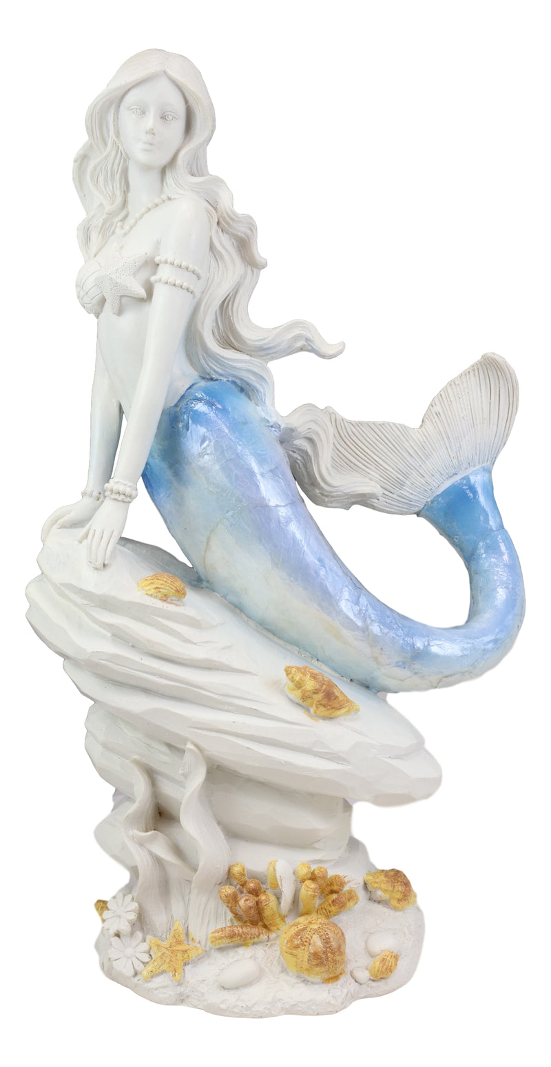 Ebros Capiz Blue Ombre Tail Mermaid Leaning On Rock By Sea Coral Reef Statue
