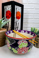 Ebros Victorian Colorful Floral Blooms Ramen Udon Noodles Large 6.25" Diameter Soup Bowl With Built In Rest and Bamboo Chopsticks Set for Rice Pasta Salad
