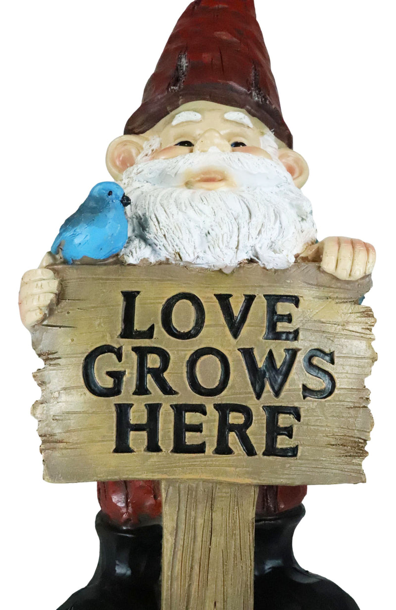 Whimsical Festive Garden Mr Gnome And Bluebird With Love Grows Here Sign Statue