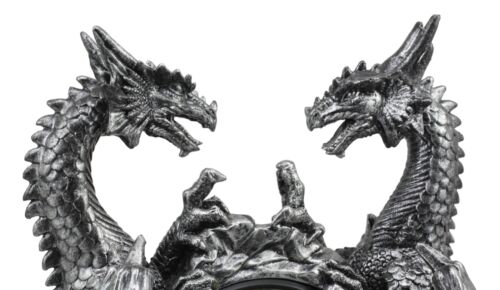 Gothic Twin Dragons Table Clock Statue With Roman Numerals In Metallic Look 11"H