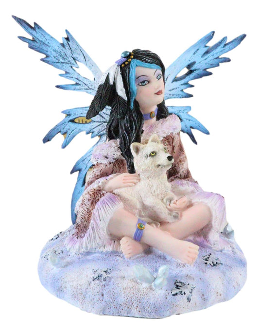 Ebros Winter Frozen Tribal Eskimo Fairy With Snow Wolf Cub Pup Pet Fantasy Figurine