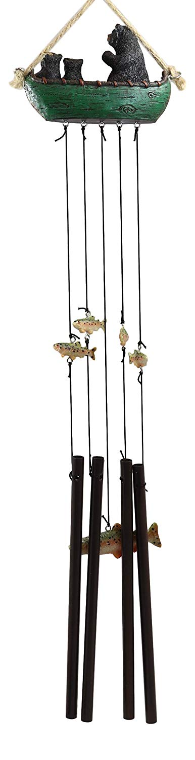 Ebros Gift Rustic Woodland Forest Black Bear Mother and 2 Cubs Family Rowing Canoe Boat Figurine Top Resonant Wind Chime with Fish Ornaments Garden Patio Rustic Cabin Lodge Mountain River Home Accent