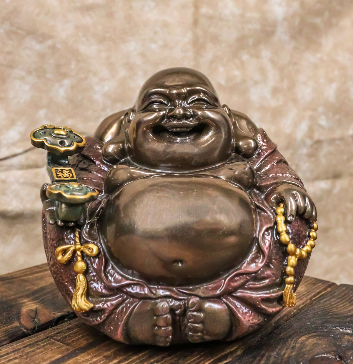 Feng Shui Hotei Laughing Happy Buddha with Gold Ingot and Prayer Beads Figurine