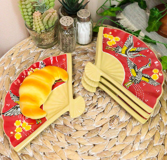 Ebros Set Of 4 Red Cranes Cherry Blossoms Oriental Fan Shaped Sushi Plates