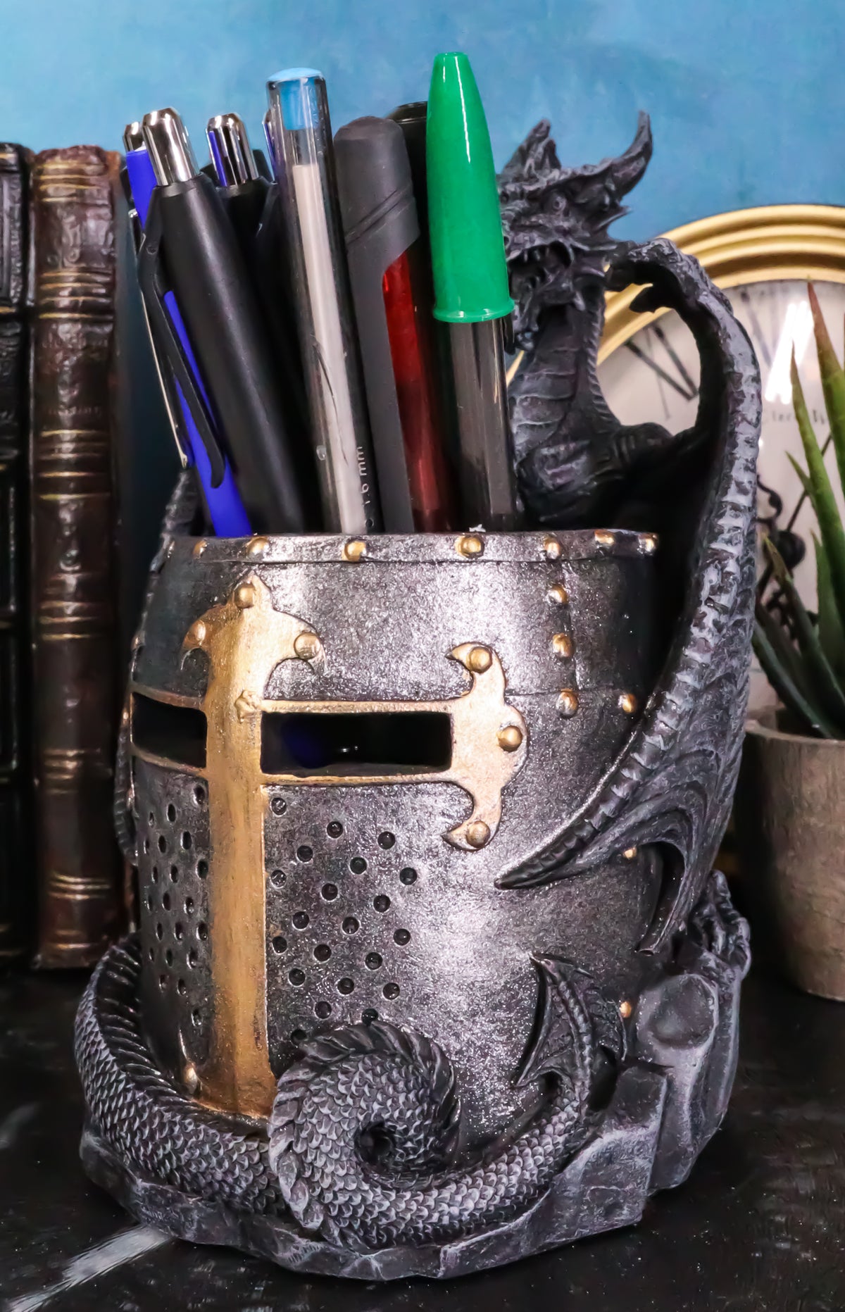 Medieval Saint George Dragon Guarding Medieval Knight Helmet Pen Holder Statue