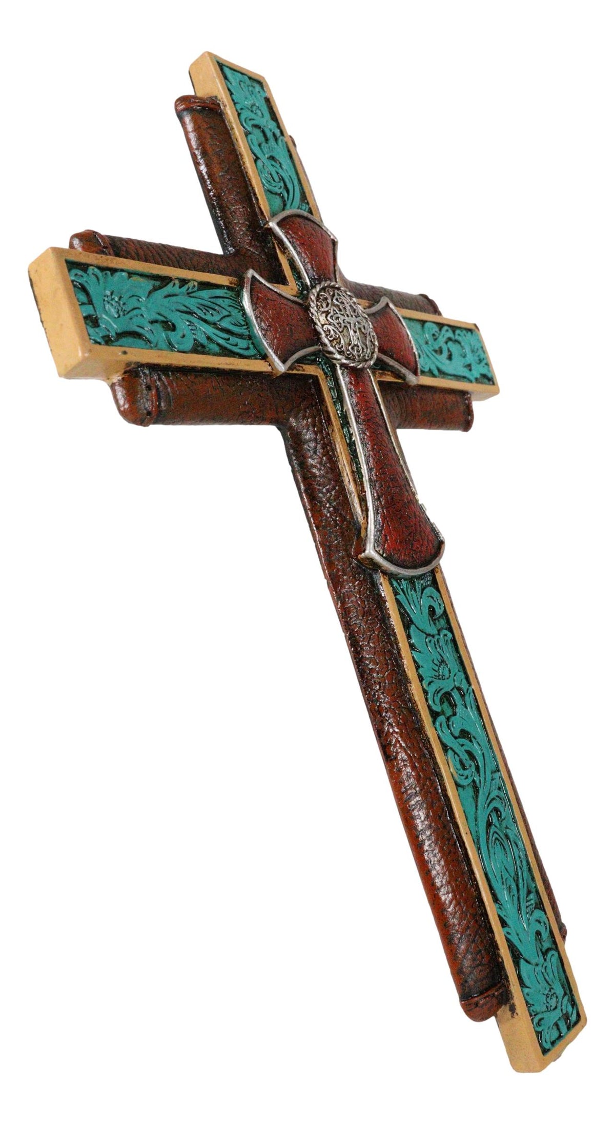 Rustic Western Ornate Concho Turquoise Scroll Layered Faux Leather Wall Cross