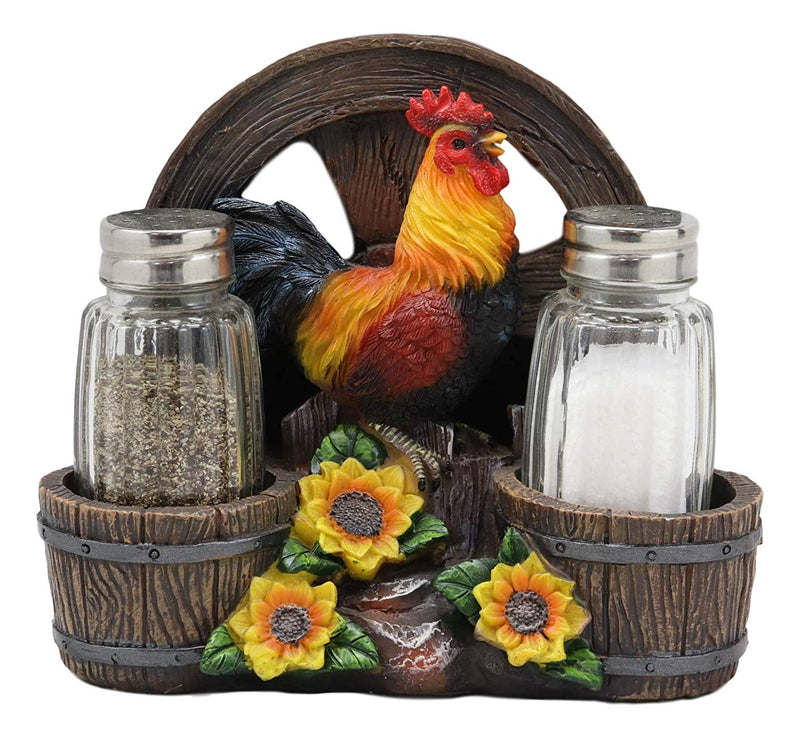 Rooster Chicken By Farm Barrels Wagon Wheels Napkin & Salt Pepper Shakers Holder