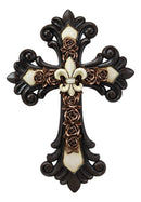 Ebros Rustic Southwest Fleur De Lis On Faux Bronze Roses with Tuscan Scroll Art Wall Cross Decor Plaque Vintage Scrollwork Hanging Sculpture 14.5" Tall Catholic Christian Accent Decorative Crosses