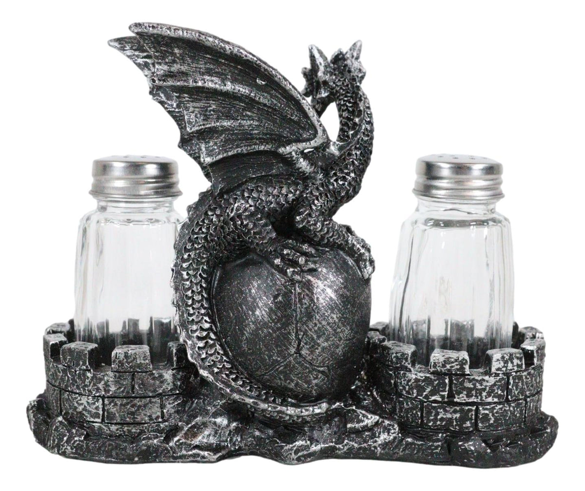 Medieval Dragon On Oversized Skull By Castle Towers Salt Pepper Shakers Holder - Ebros Gift