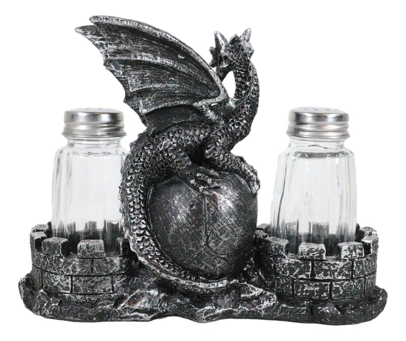 Medieval Dragon On Oversized Skull By Castle Towers Salt Pepper Shakers Holder