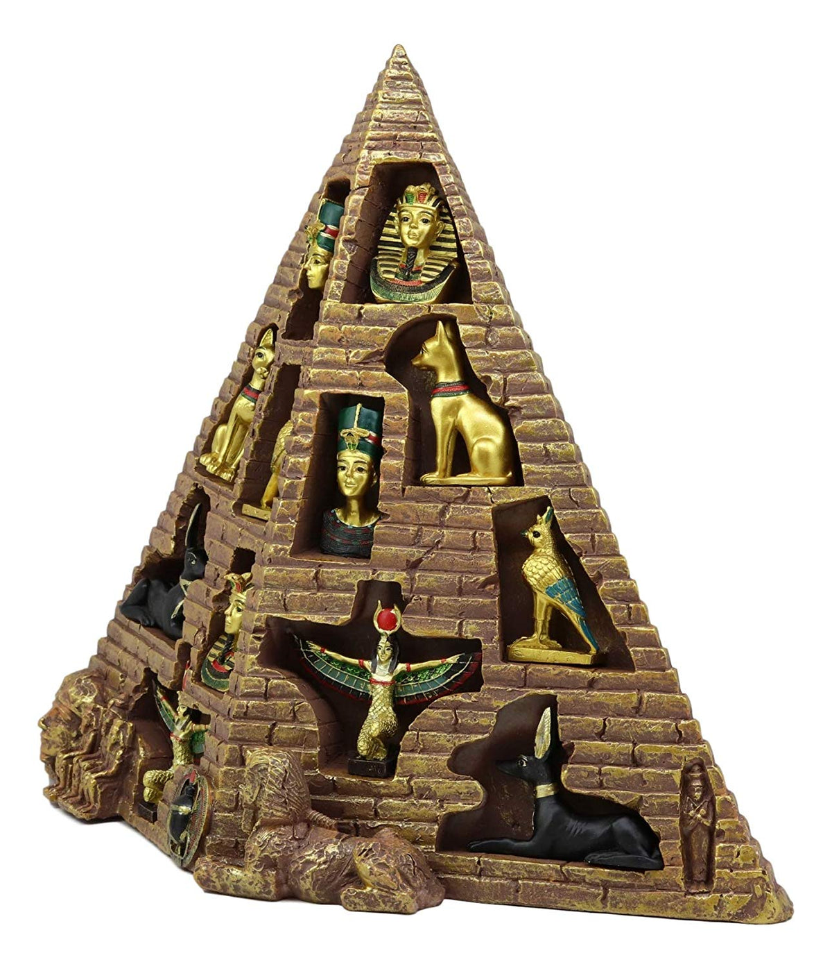 Ebros Egyptian Monument Pyramid Display Statue Featuring 6 Miniature Gods Goddesses King TUT Nefertiti Horus Bastet Isis Anubis for Educational and Decorative Centerpiece - Ebros Gift