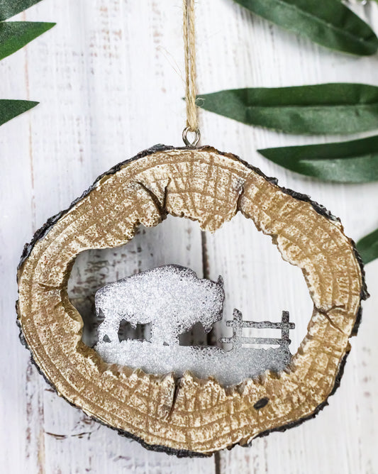 Rustic Western Bison Buffalo Faux Wood Log Set of 4 Christmas Tree Ornaments