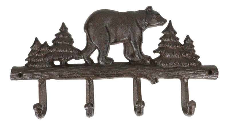 Cast Iron Rustic Forest Black Bear By Pine Trees Forest 4-Pegs Wall Coat Hooks