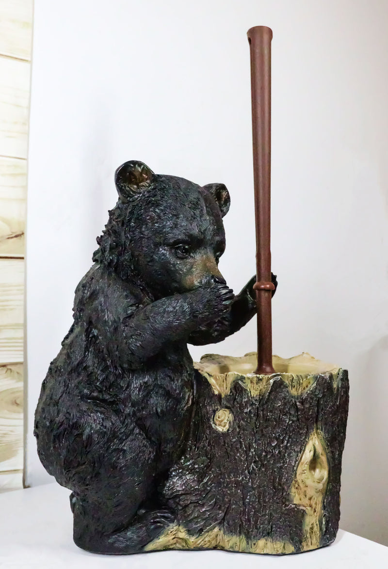 Ebros Rustic Cabin Lodge Decor Whimsical Black Bear Forest Stinky Potion Toilet Brush and Tree Stump Base Holder Bathroom Gift 2 Piece Set
