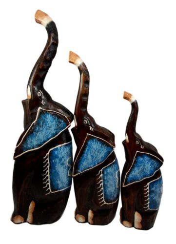 Balinese Wood Handicrafts Large Abstract Jungle Blue Elephant Figurine Set 20"H