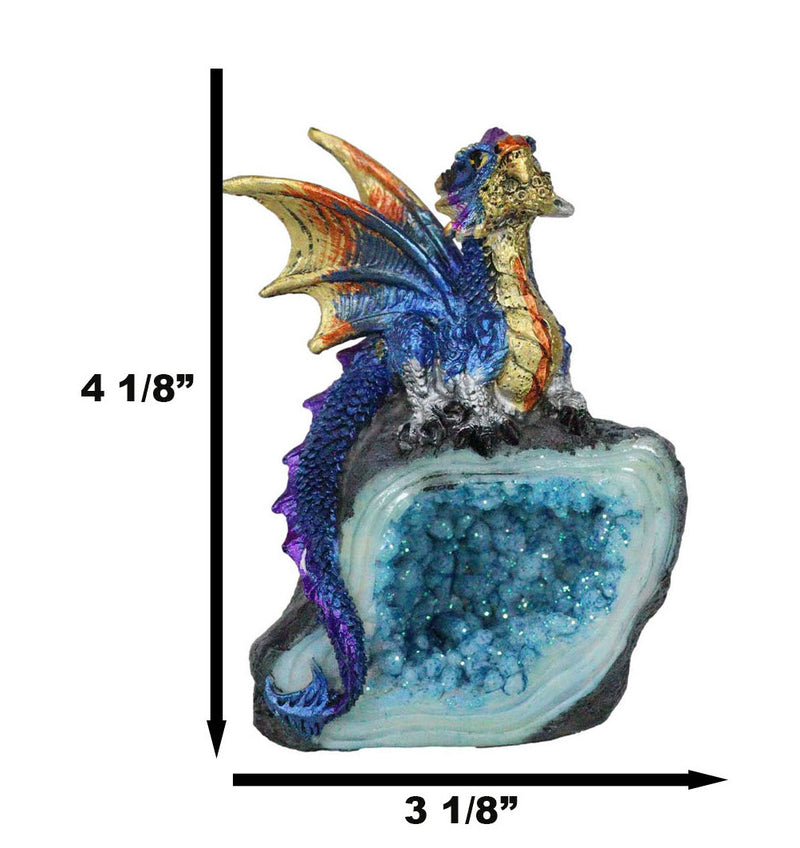 Metallic Blue Iridescent Wyrmling Dragon On Faux Geode Crystal Rock Figurine