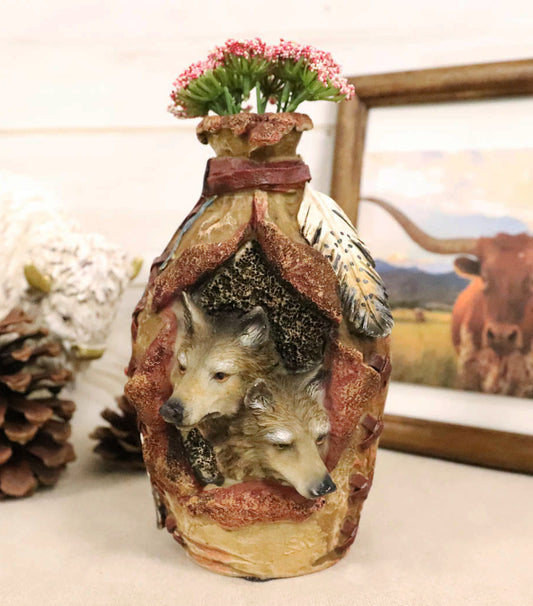 Rustic Southwestern Indian 2 Wolves Dreamcatcher Feathers Floral Vase Sculpture
