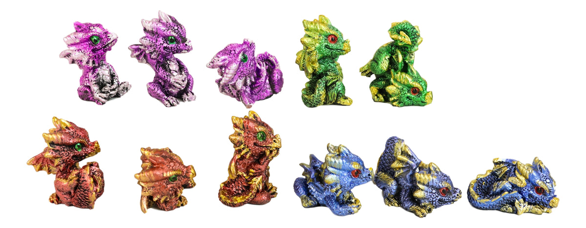 Set of 12 Metallic Red Green Purple Blue Baby Wyrmling Dragons Mini Figurines
