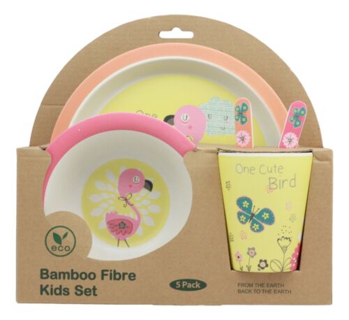 Ebros Flamingo 5 Pc Organic Bamboo Dinnerware Set For Kids Children Toddler Baby