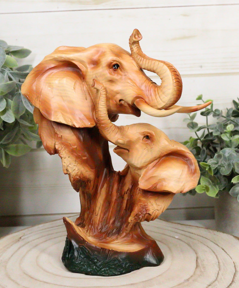 Safari Wildlife Elephant Father And Calf With Trunk Up Bust Faux Wood Figurine