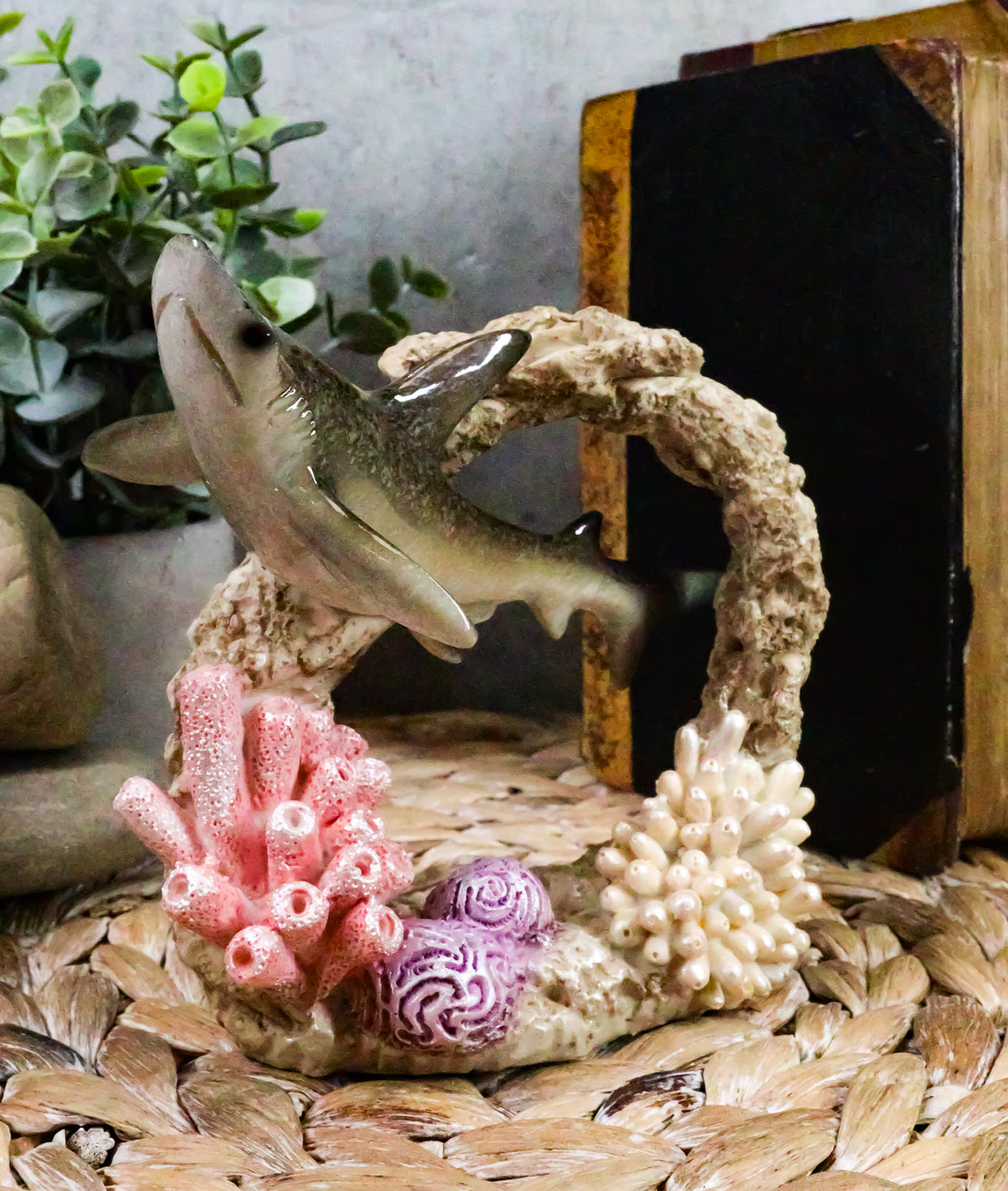 Ebros Nautical Great White Shark Fish Swimming By Coral Reef Decorative Statue