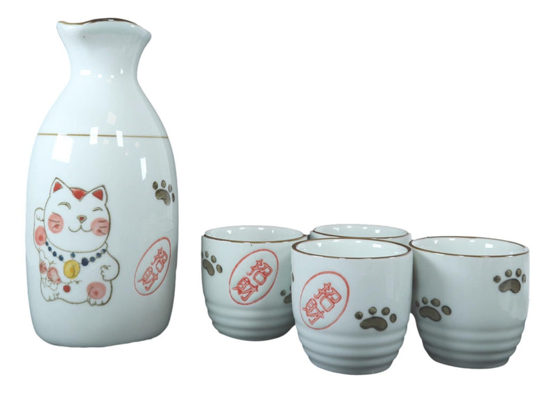 Ebros Japanese Maneki Neko Lucky Charm Cat Ceramic White Sake Set Flask With Four Cups