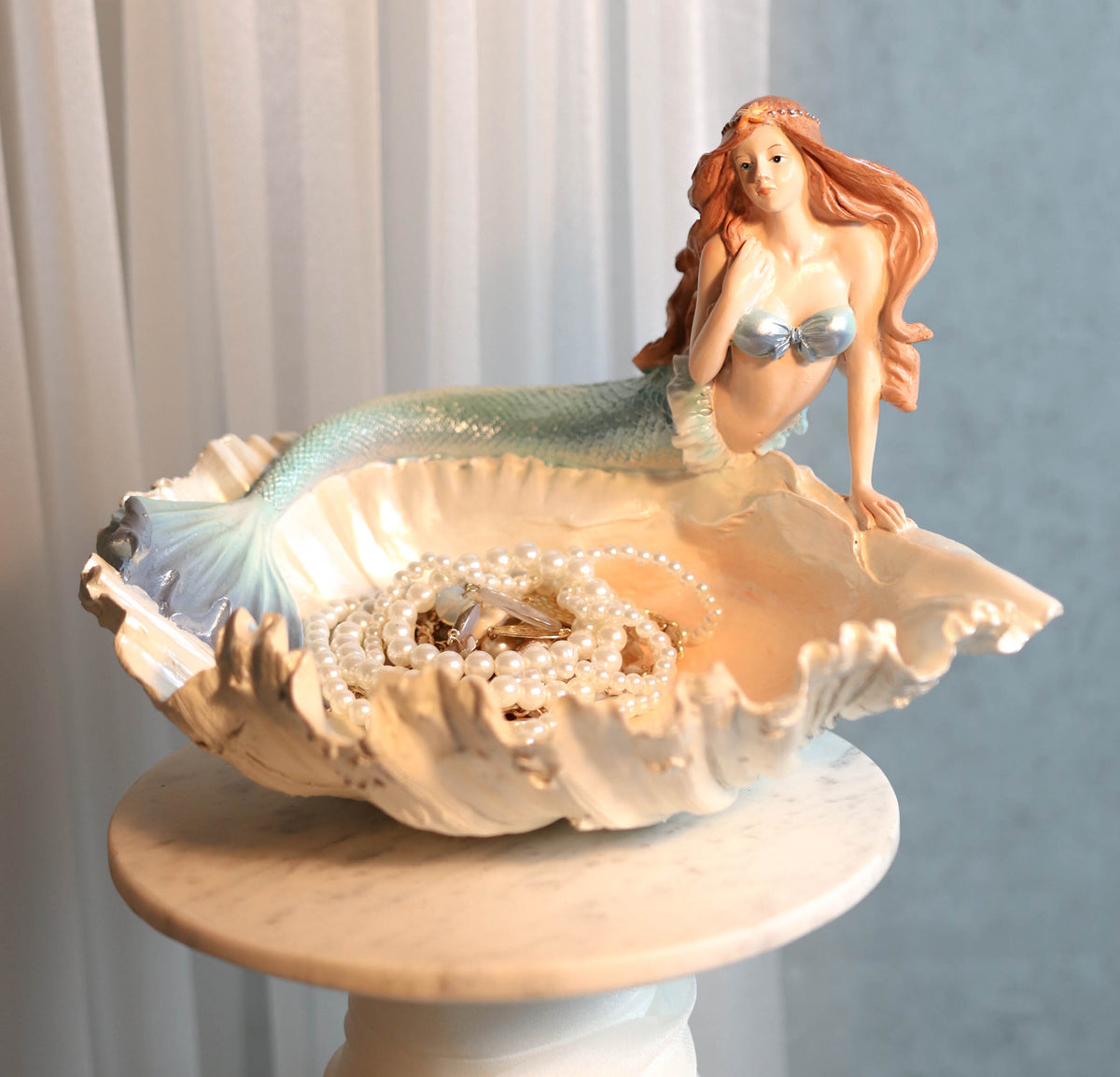 Nautical Mermaid With Sea Oyster Shell Decorative Jewelry Potpourri Bowl Statue - Ebros Gift