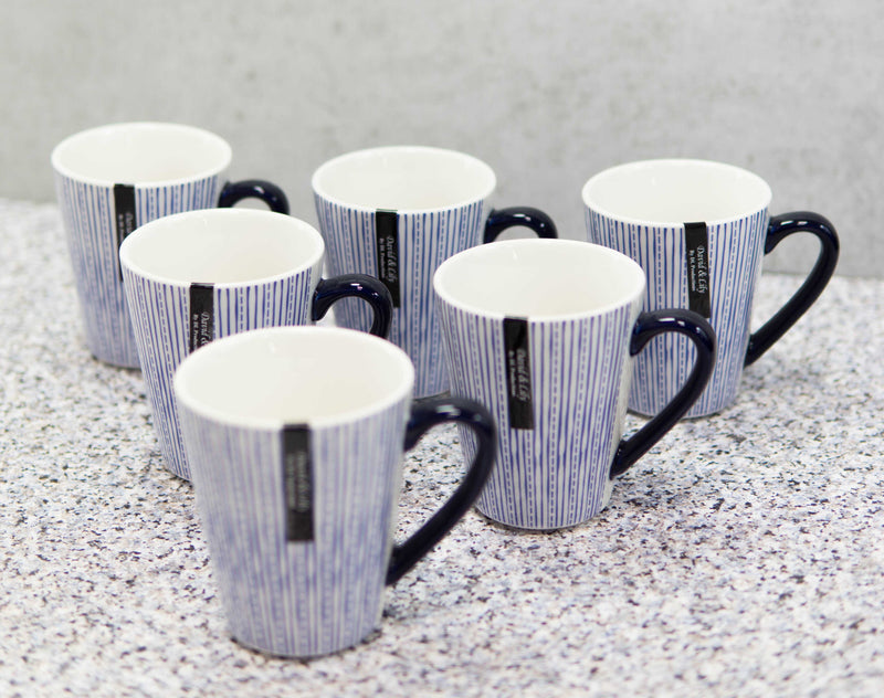 Set of 6 Eleanor Blue And White Linear Patterns Contemporary Porcelain Mugs 10oz