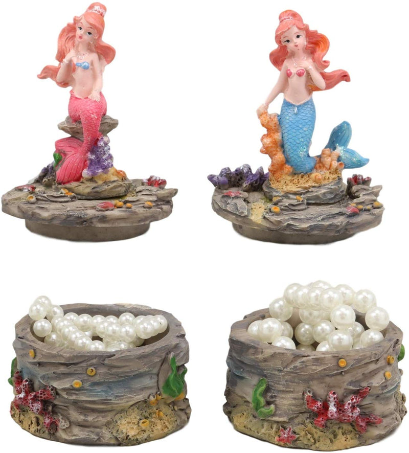 Ebros 4" Tall Blue and Pink Tailed Mermaid Mergirl Sisters Sitting On Coral Rocks Decorative Box Figurine Set of 2 Trinket Jewelry Keepsake of Under The Sea Ocean Marine Life Decor - Ebros Gift