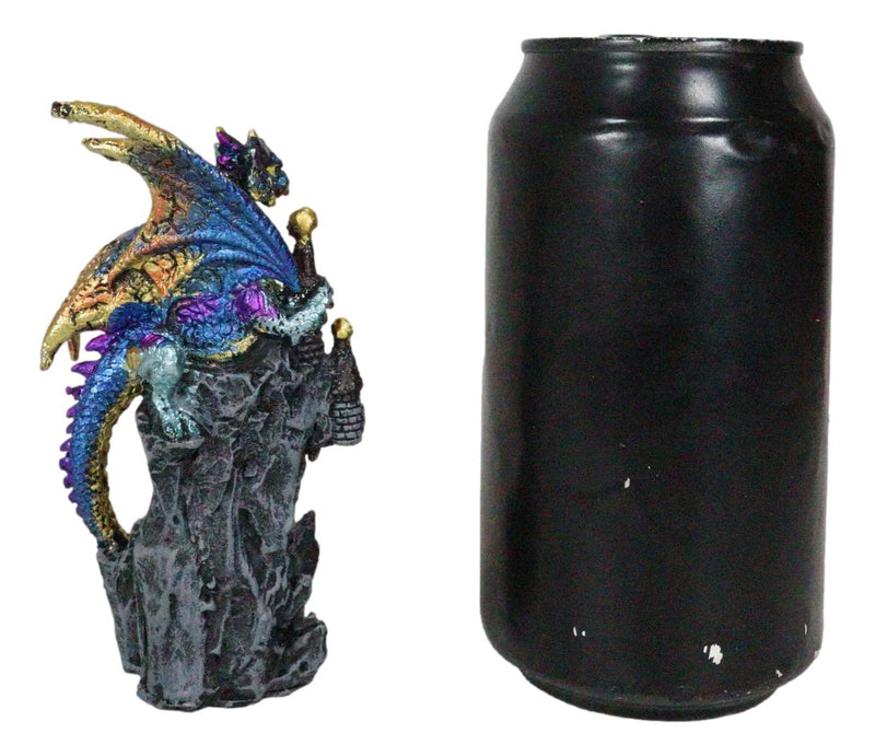 Iridescent Blue Wyrmling Dragon On Rocky Mountain Treasure Castle Top Figurine