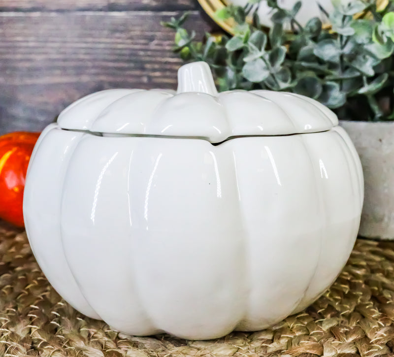 Ebros Ceramic Stoneware White Harvest Pumpkin Bowl With Lid 6"Diameter X 2Pieces