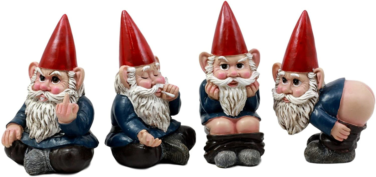 Ebros 4" Tall Badass Naughty Gnome Figurines Collectible Set of 4 Dwarf Decors