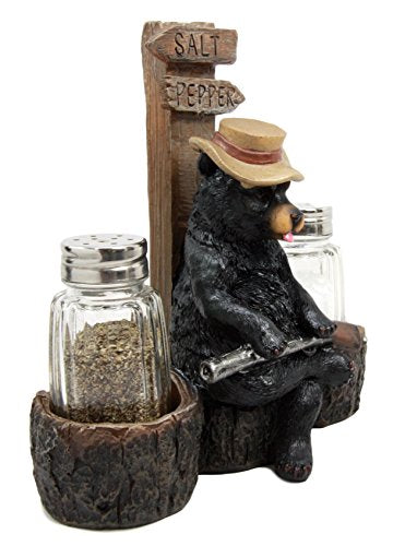 Ebros Gift Black Bear With Shotgun On Cross Road Salt Pepper Shakers Holder Figurine 6.5"H - Ebros Gift