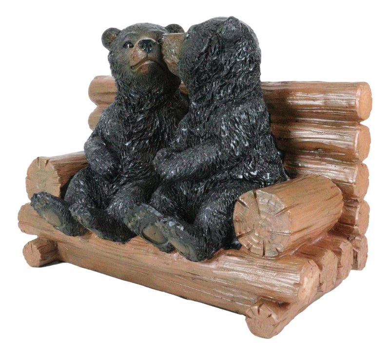 Rustic Whimsical Forest Black Bear Siblings Kissing By Tree Logs Bench Figurine