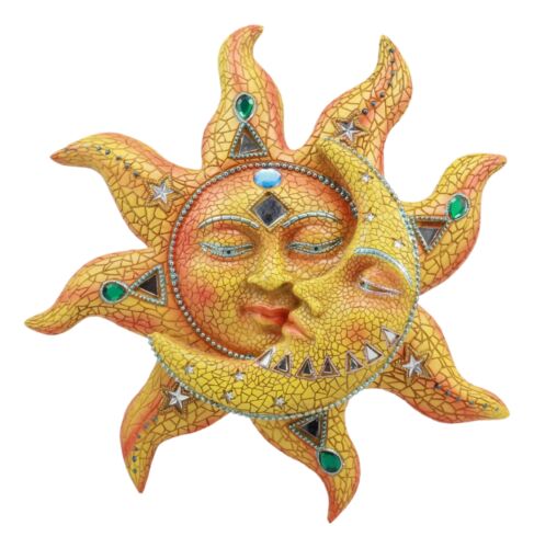 Ebros Orange Mosaic Face Sun with Yellow Mosaic Moon, 13"H Wall Plaque Decor