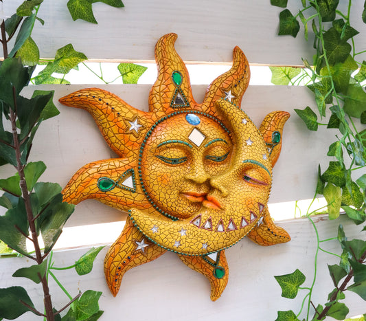Ebros Orange Mosaic Face Sun with Yellow Mosaic Moon, 13"H Wall Plaque Decor - Ebros Gift