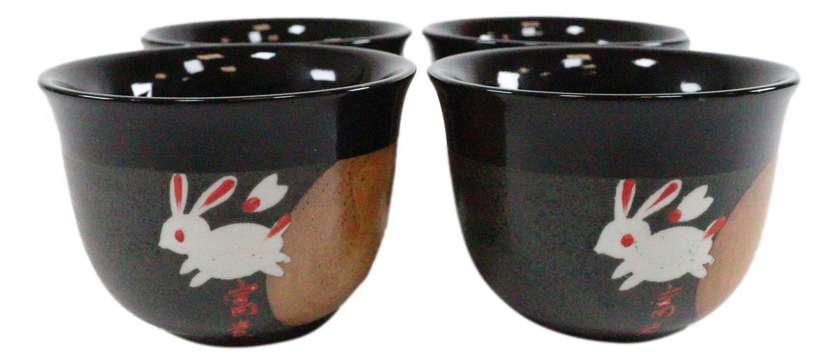 Ebros Auspicious Hare Rabbits Jumping Over Red Moon Ceramic Tea Set Teapot And 4 Cups