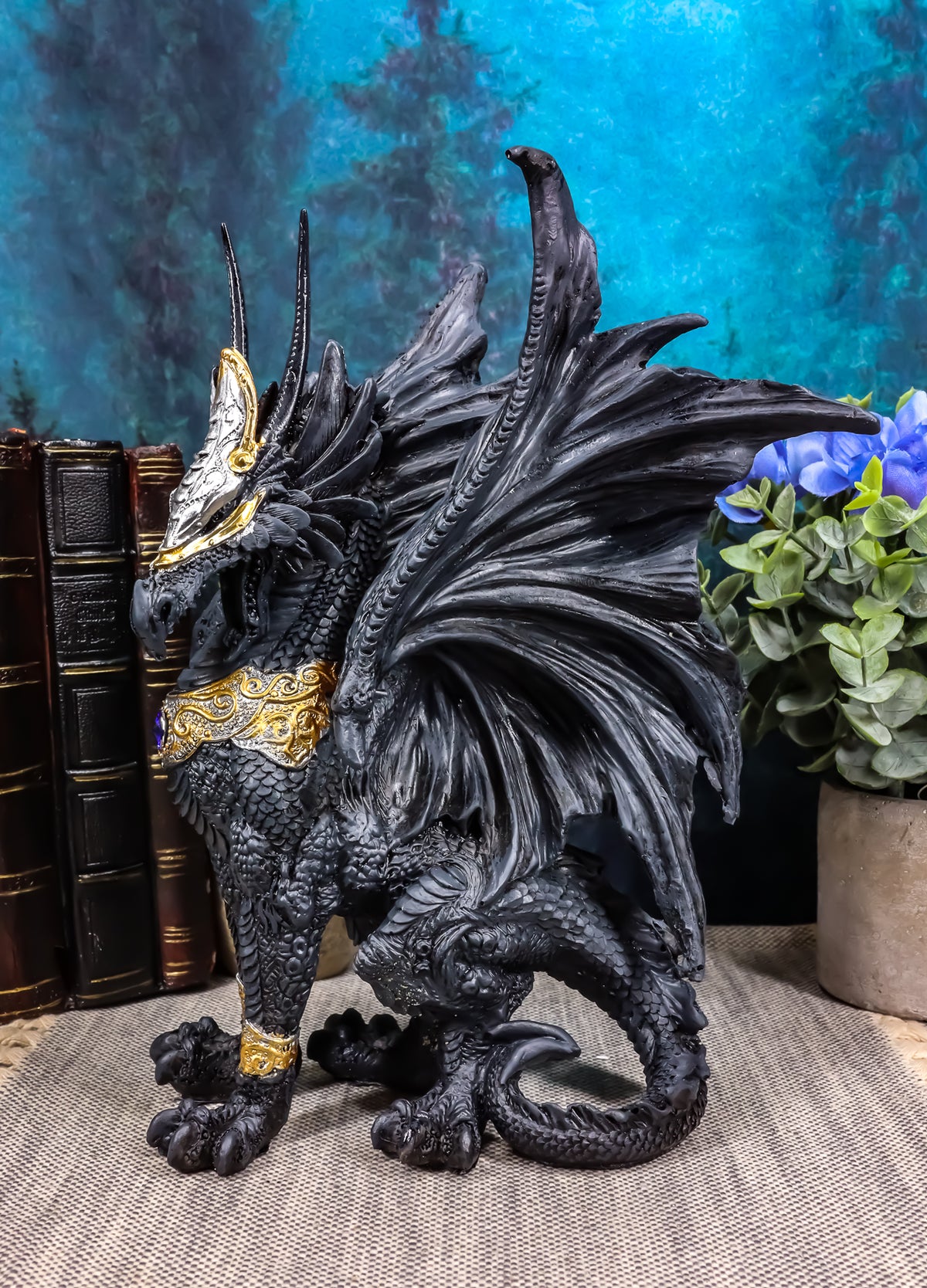 Blue Sapphire Golden Armored Combat Dragon Standing Guard In Faux Stone Statue